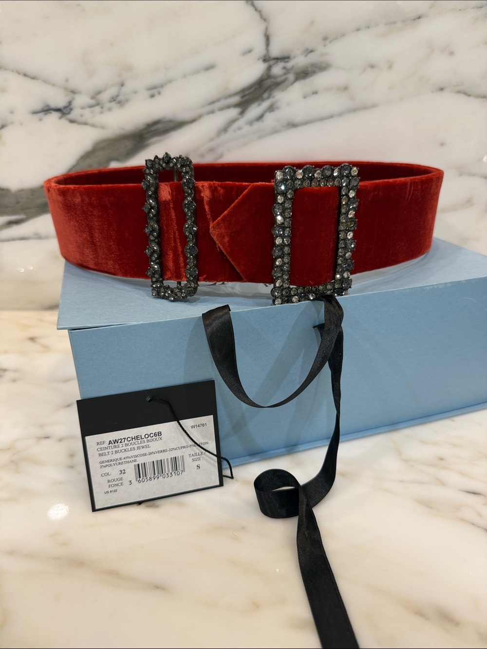 Lanvin Rust Red Velvet Double Crystal-Buckle Waist Belt